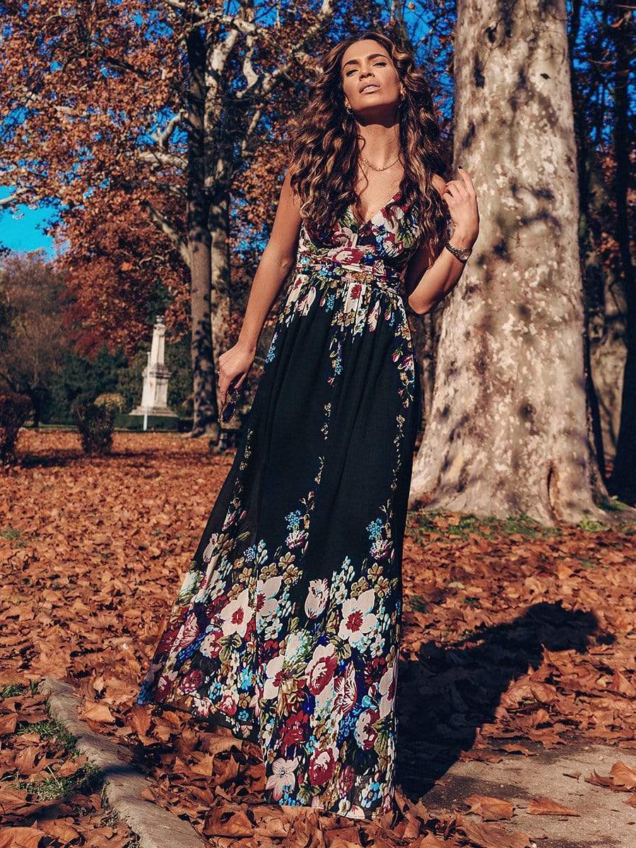 COLOR=Black and printed | Sleeveless V-Neck Semi-Formal Chiffon Maxi Dress-Black And Printed 6 COLOR=Black and printed | Sleeveless V-Neck Semi-Formal Chiffon Maxi Dress-Black And Printed 6