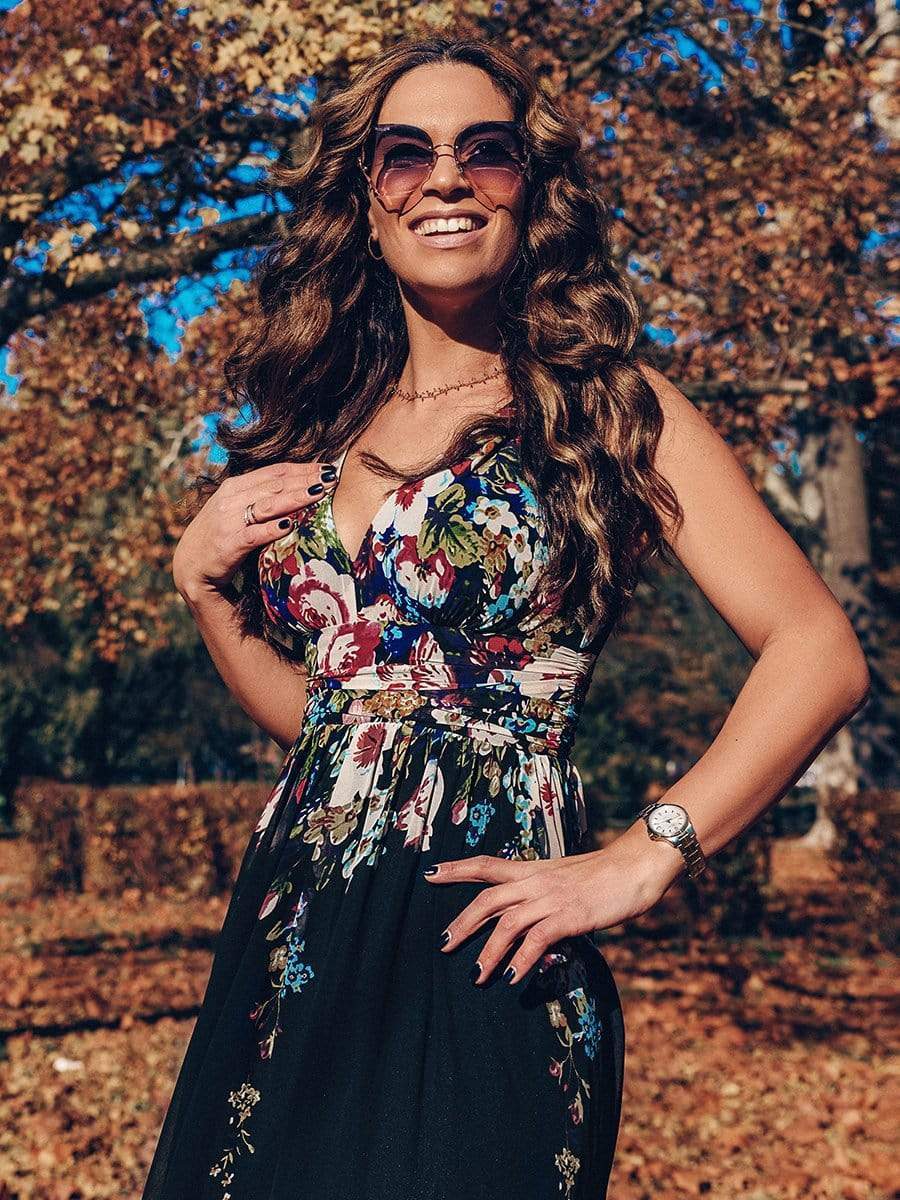 COLOR=Black and printed | Sleeveless V-Neck Semi-Formal Chiffon Maxi Dress-Black And Printed 7 COLOR=Black and printed | Sleeveless V-Neck Semi-Formal Chiffon Maxi Dress-Black And Printed 7