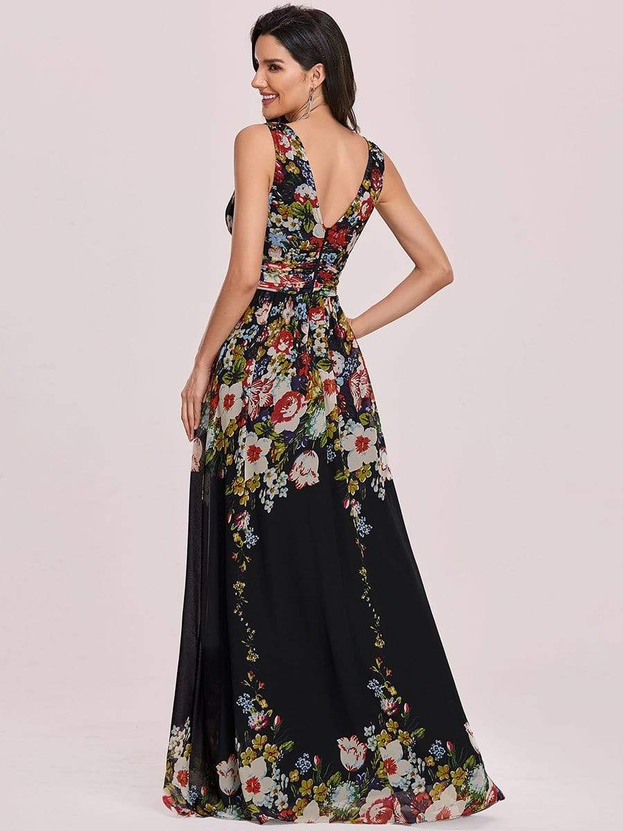 COLOR=Black and printed | Sleeveless V-Neck Semi-Formal Chiffon Maxi Dress-Black And Printed 9 COLOR=Black and printed | Sleeveless V-Neck Semi-Formal Chiffon Maxi Dress-Black And Printed 9