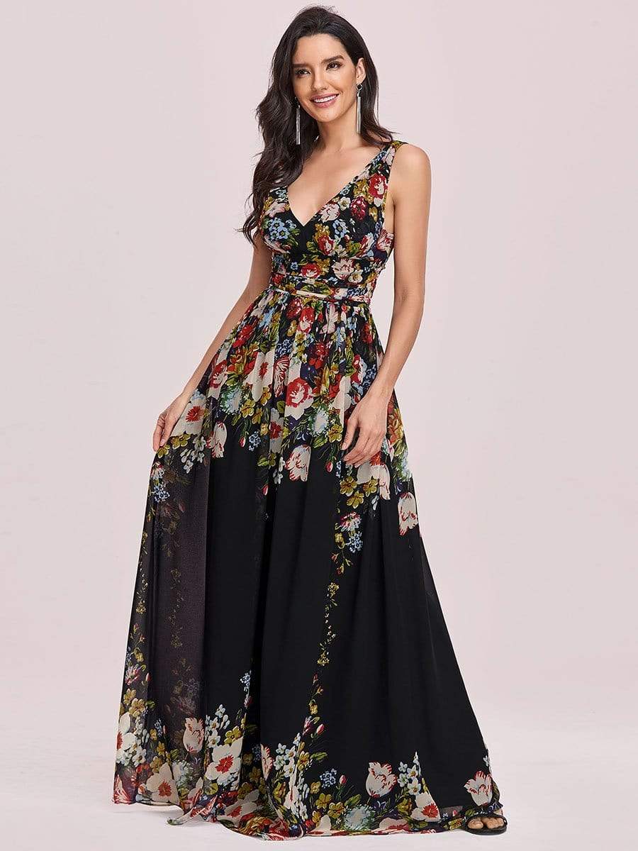 COLOR=Black and printed | Sleeveless V-Neck Semi-Formal Chiffon Maxi Dress-Black And Printed 8 COLOR=Black and printed | Sleeveless V-Neck Semi-Formal Chiffon Maxi Dress-Black And Printed 8