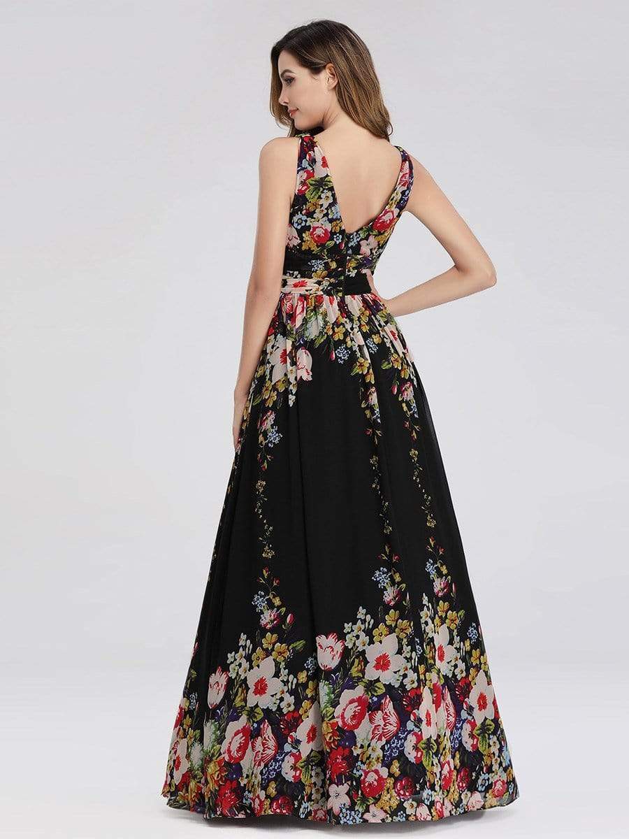 COLOR=Black and printed | Sleeveless V-Neck Semi-Formal Chiffon Maxi Dress-Black And Printed 2 COLOR=Black and printed | Sleeveless V-Neck Semi-Formal Chiffon Maxi Dress-Black And Printed 2