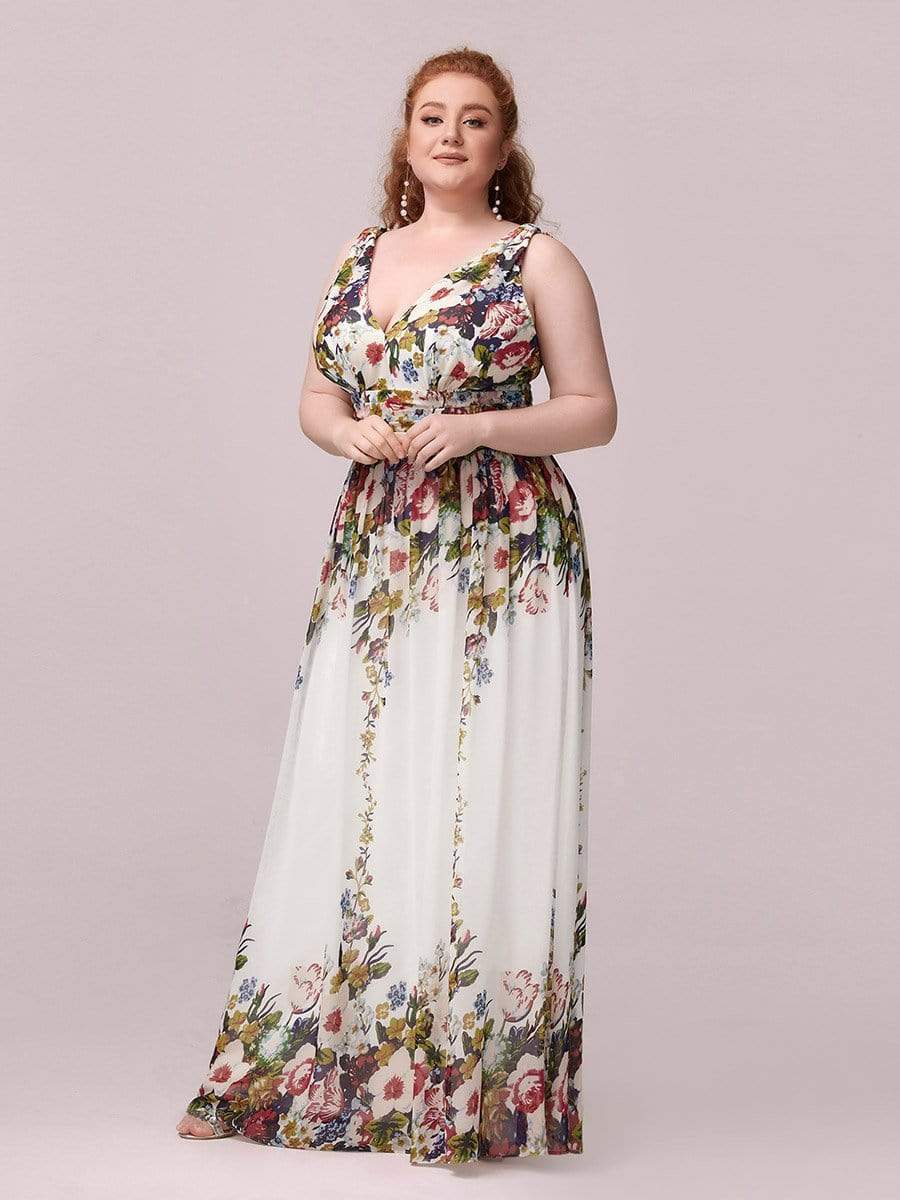 COLOR=Printed Cream | Sleeveless V-Neck Semi-Formal Chiffon Maxi Dress-Printed Cream 3 COLOR=Printed Cream | Sleeveless V-Neck Semi-Formal Chiffon Maxi Dress-Printed Cream 3