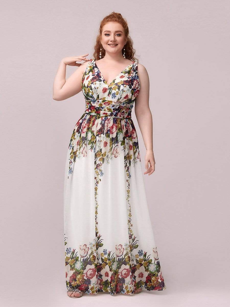COLOR=Printed Cream | Sleeveless V-Neck Semi-Formal Chiffon Maxi Dress-Printed Cream 4 COLOR=Printed Cream | Sleeveless V-Neck Semi-Formal Chiffon Maxi Dress-Printed Cream 4