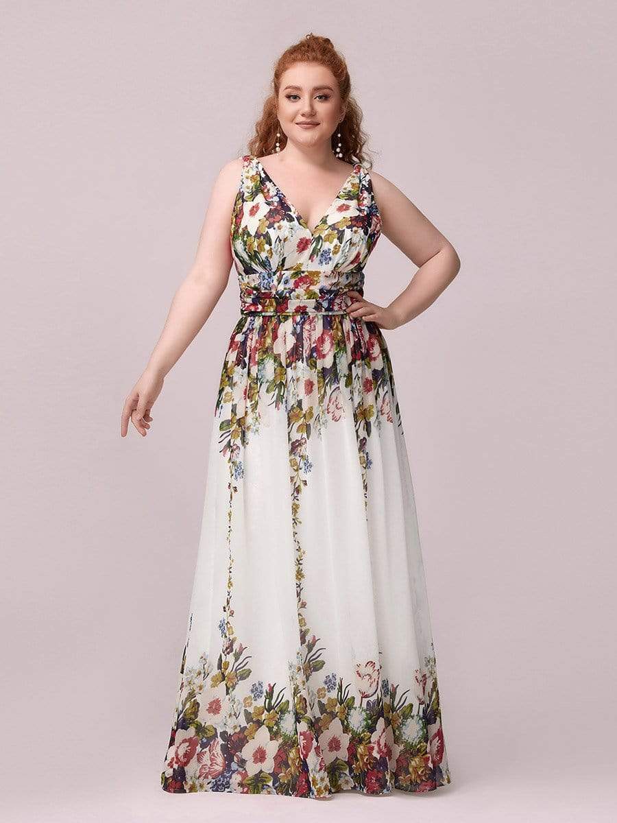 COLOR=Printed Cream | Sleeveless V-Neck Semi-Formal Chiffon Maxi Dress-Printed Cream 1 COLOR=Printed Cream | Sleeveless V-Neck Semi-Formal Chiffon Maxi Dress-Printed Cream 1