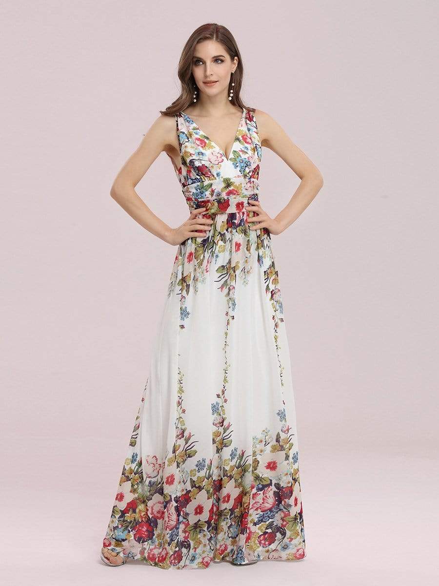 COLOR=Printed Cream | Sleeveless V-Neck Semi-Formal Chiffon Maxi Dress-Printed Cream 6 COLOR=Printed Cream | Sleeveless V-Neck Semi-Formal Chiffon Maxi Dress-Printed Cream 6