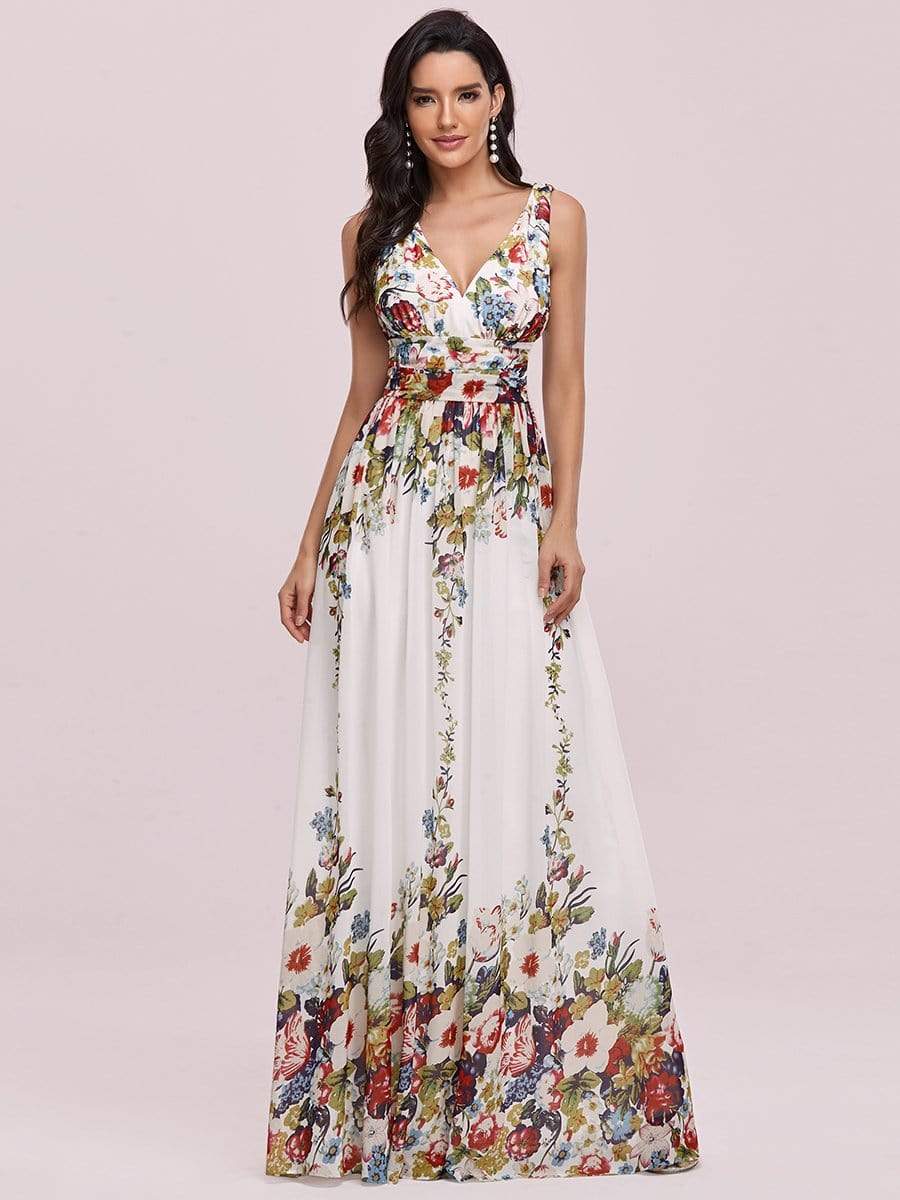 COLOR=Printed Cream | Sleeveless V-Neck Semi-Formal Chiffon Maxi Dress-Printed Cream 1 COLOR=Printed Cream | Sleeveless V-Neck Semi-Formal Chiffon Maxi Dress-Printed Cream 1