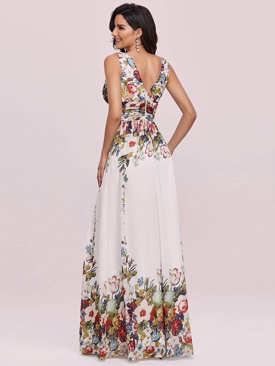 COLOR=Printed Cream | Sleeveless V-Neck Semi-Formal Chiffon Maxi Dress-Printed Cream 2 COLOR=Printed Cream | Sleeveless V-Neck Semi-Formal Chiffon Maxi Dress-Printed Cream 2