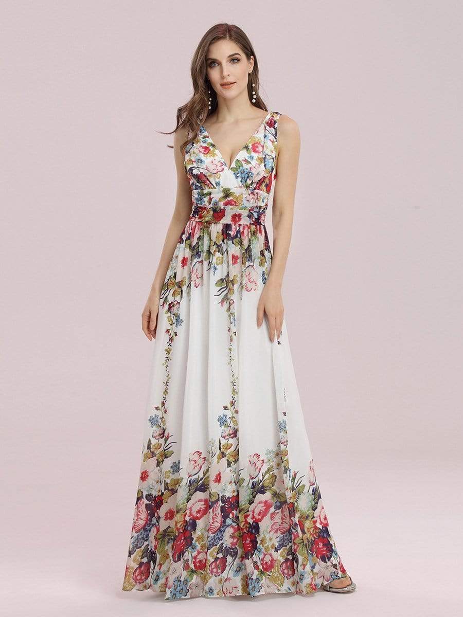 COLOR=Printed Cream | Sleeveless V-Neck Semi-Formal Chiffon Maxi Dress-Printed Cream 3 COLOR=Printed Cream | Sleeveless V-Neck Semi-Formal Chiffon Maxi Dress-Printed Cream 3