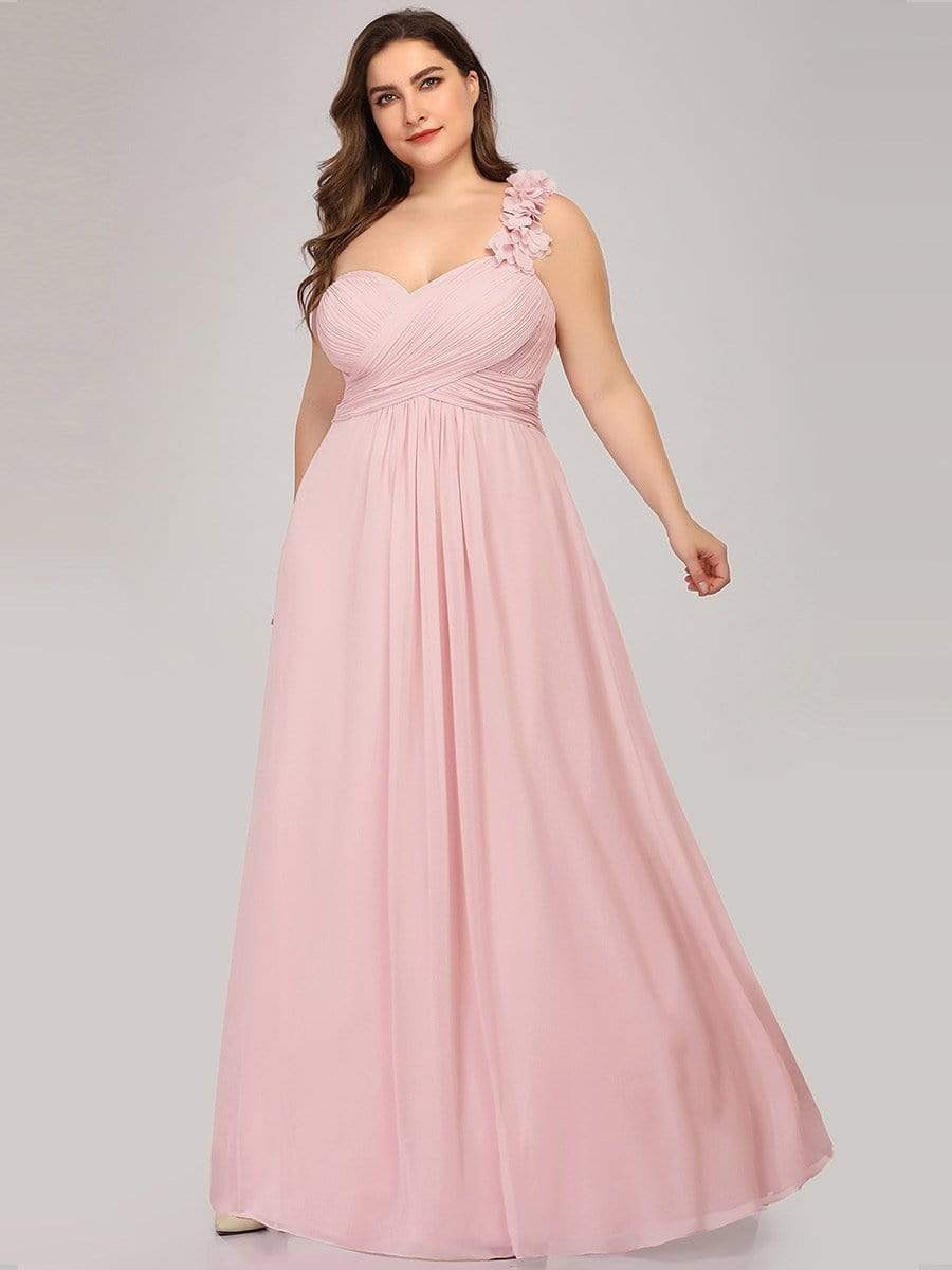 Color=Pink | Plus Size Chiffon One Shoulder Long Bridesmaid Dress-Pink 3 Color=Pink | Plus Size Chiffon One Shoulder Long Bridesmaid Dress-Pink 3