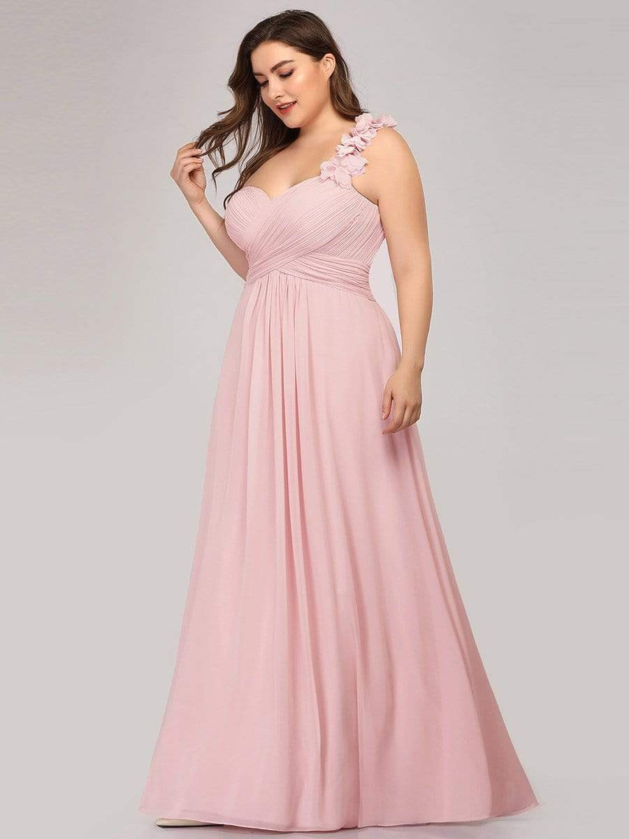 Color=Pink | Plus Size Chiffon One Shoulder Long Bridesmaid Dress-Pink 4 Color=Pink | Plus Size Chiffon One Shoulder Long Bridesmaid Dress-Pink 4