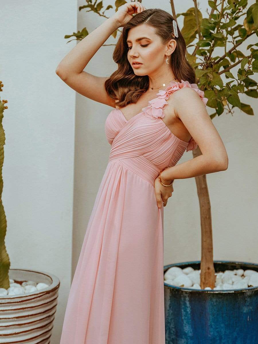 COLOR=Pink | Chiffon One Shoulder Long Bridesmaid Dress-Pink 3 COLOR=Pink | Chiffon One Shoulder Long Bridesmaid Dress-Pink 3