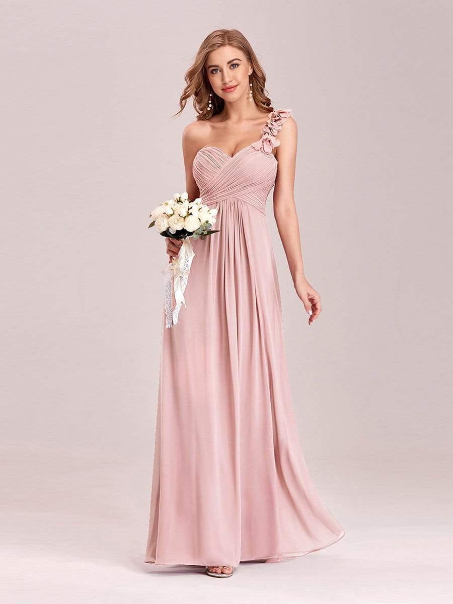 COLOR=Pink | Chiffon One Shoulder Long Bridesmaid Dress-Pink 4