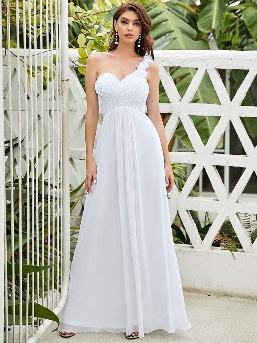 Color=White | Chiffon One Shoulder Long Bridesmaid Dress-White 1 Color=White | Chiffon One Shoulder Long Bridesmaid Dress-White 1