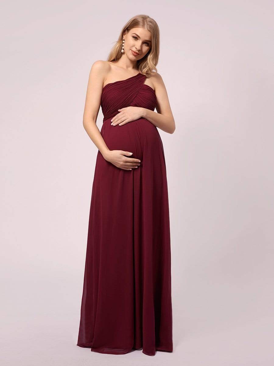 COLOR=Burgundy | Simple One Shoulder Chiffon Maternity Dresses-Burgundy 3 COLOR=Burgundy | Simple One Shoulder Chiffon Maternity Dresses-Burgundy 3