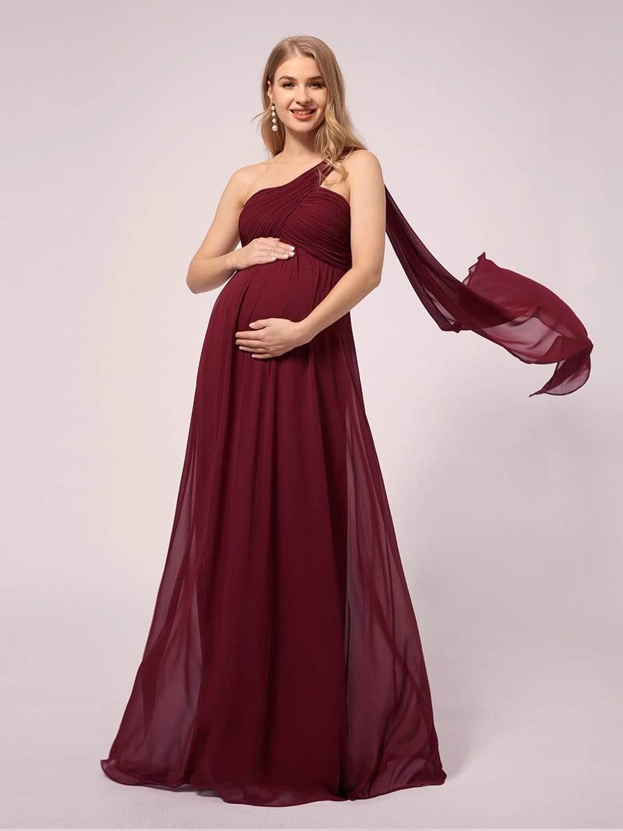 COLOR=Burgundy | Simple One Shoulder Chiffon Maternity Dresses-Burgundy 1 COLOR=Burgundy | Simple One Shoulder Chiffon Maternity Dresses-Burgundy 1