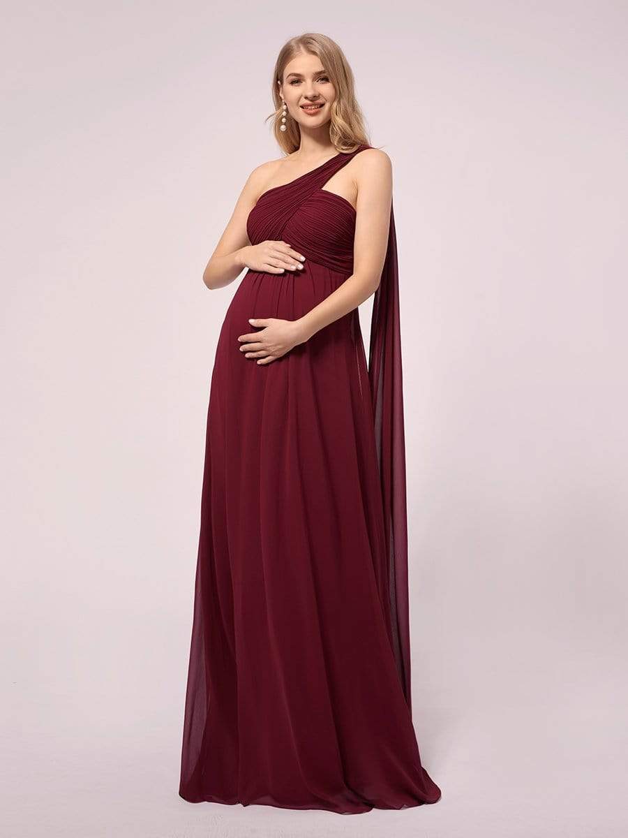 COLOR=Burgundy | Simple One Shoulder Chiffon Maternity Dresses-Burgundy 4 COLOR=Burgundy | Simple One Shoulder Chiffon Maternity Dresses-Burgundy 4