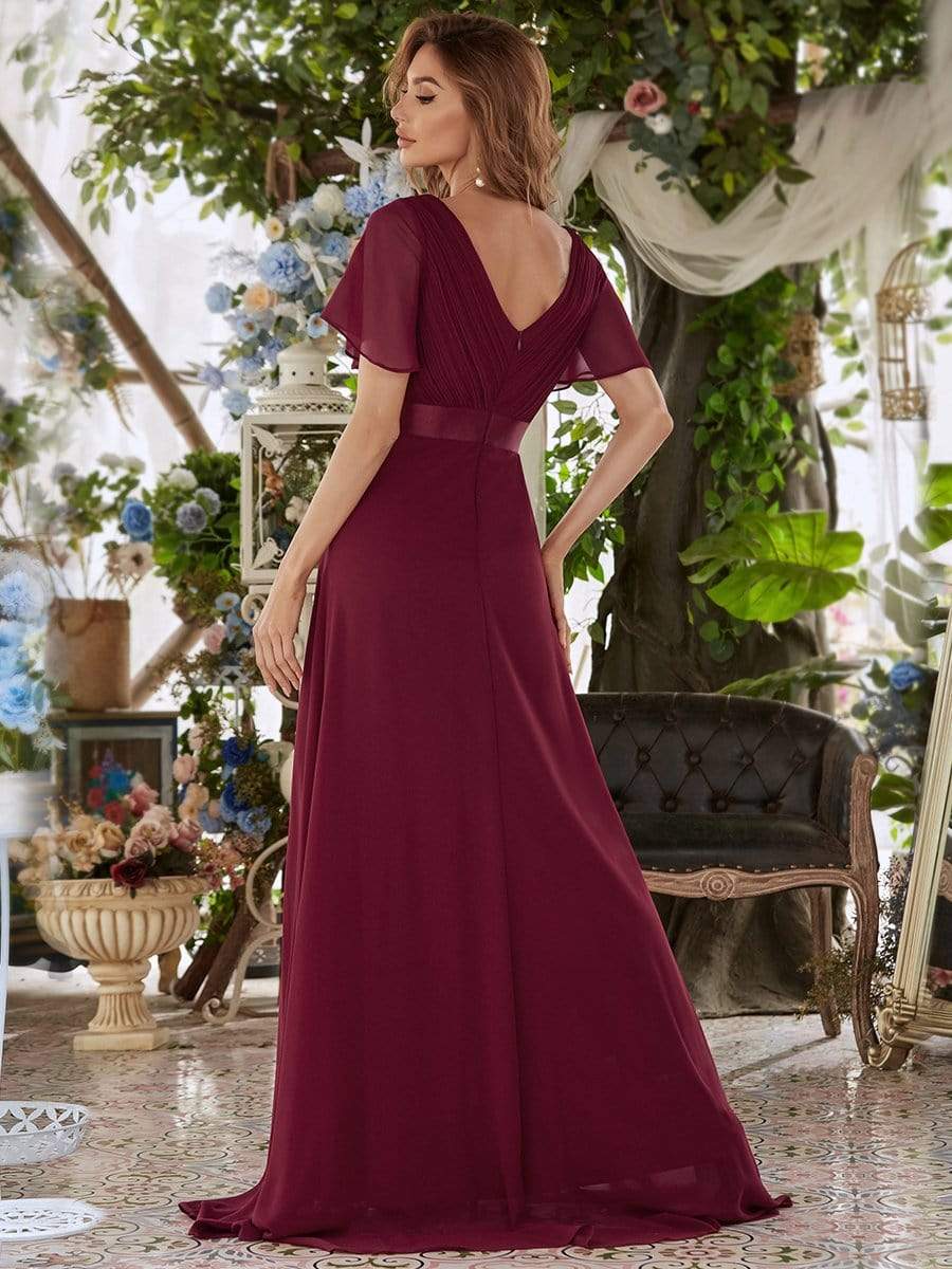 COLOR=Burgundy | Long Empire Waist Evening Dress With Short Flutter Sleeves-Burgundy 2 COLOR=Burgundy | Long Empire Waist Evening Dress With Short Flutter Sleeves-Burgundy 2
