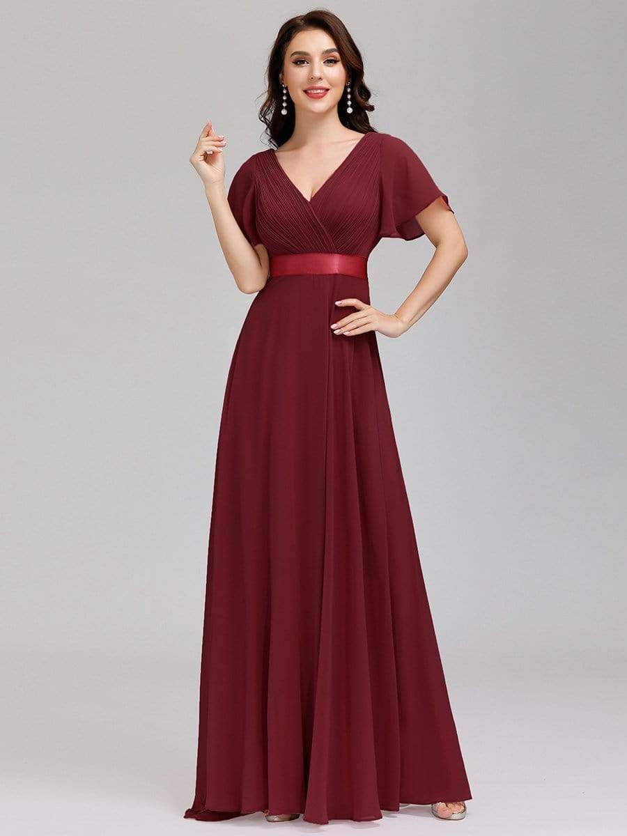 COLOR=Burgundy | Long Empire Waist Evening Dress With Short Flutter Sleeves-Burgundy 6 COLOR=Burgundy | Long Empire Waist Evening Dress With Short Flutter Sleeves-Burgundy 6