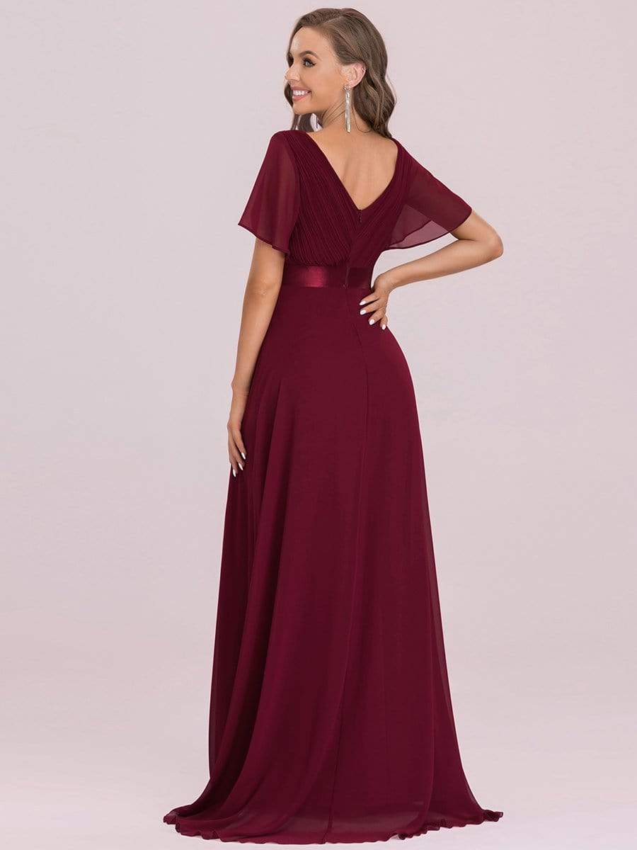 COLOR=Burgundy | Long Empire Waist Evening Dress With Short Flutter Sleeves-Burgundy 4 COLOR=Burgundy | Long Empire Waist Evening Dress With Short Flutter Sleeves-Burgundy 4