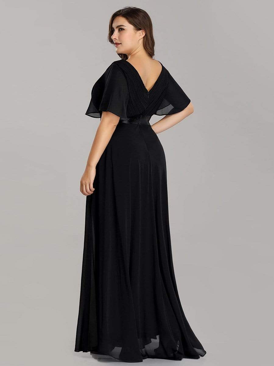 COLOR=Black | Long Empire Waist Evening Dress With Short Flutter Sleeves-Black 8 COLOR=Black | Long Empire Waist Evening Dress With Short Flutter Sleeves-Black 8