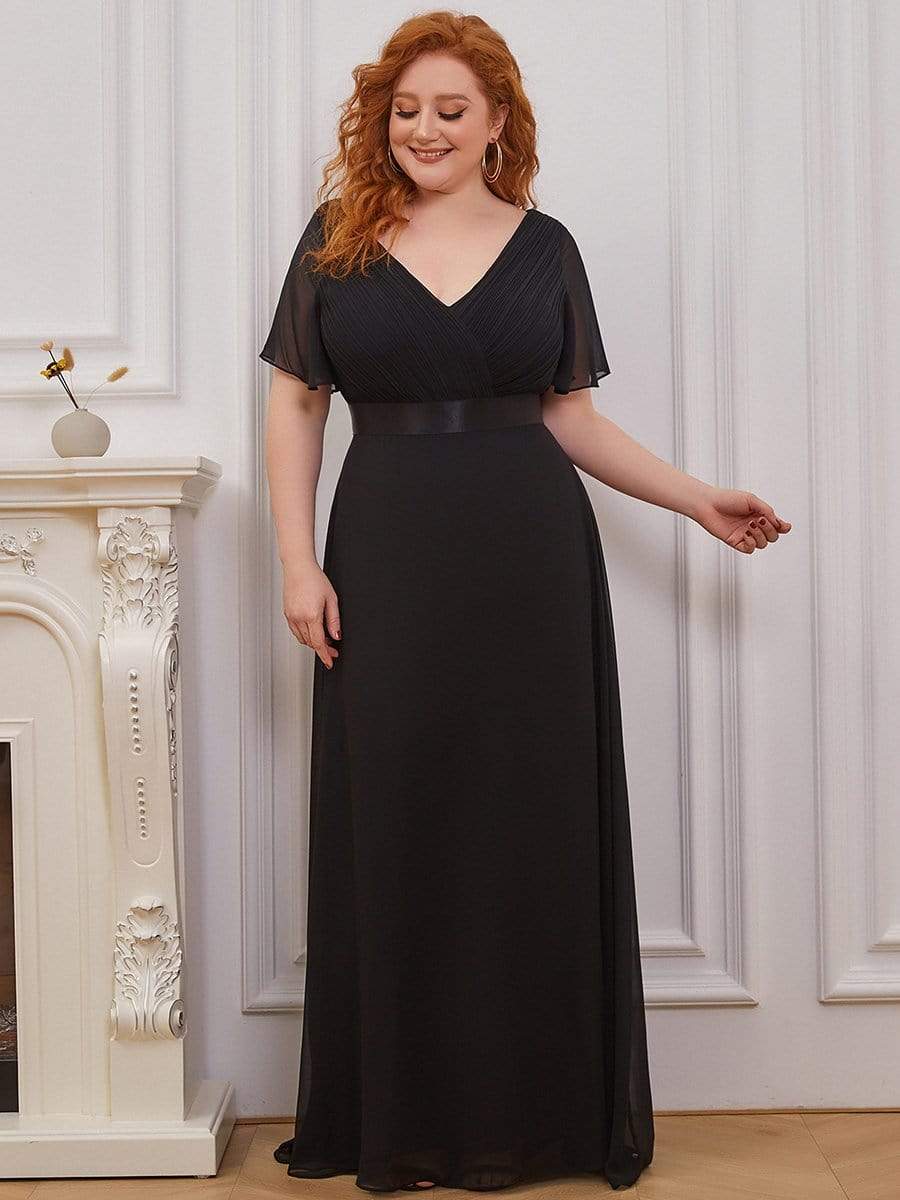COLOR=Black | Plus Size Long Empire Waist Evening Dress With Short Flutter Sleeves-Black 1 COLOR=Black | Plus Size Long Empire Waist Evening Dress With Short Flutter Sleeves-Black 1