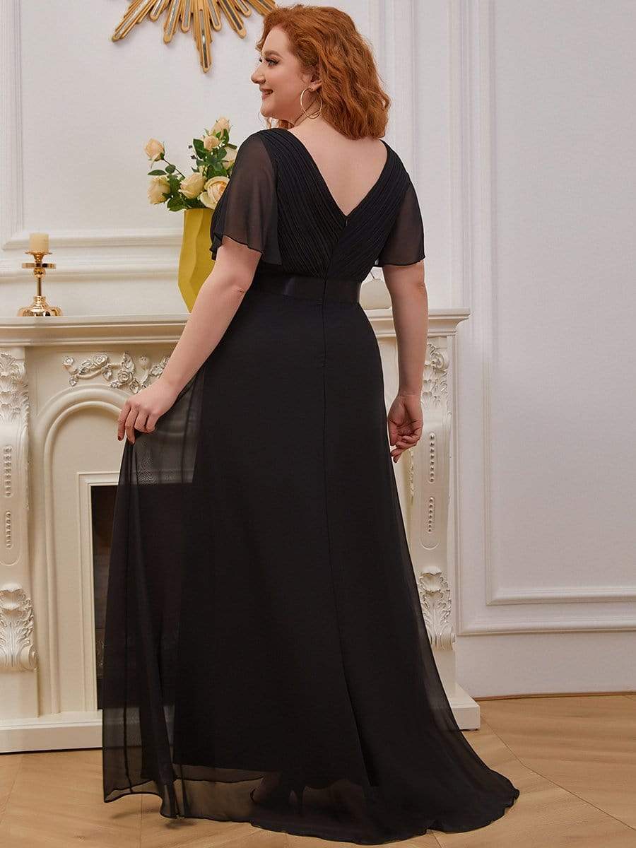 COLOR=Black | Plus Size Long Empire Waist Evening Dress With Short Flutter Sleeves-Black 2 COLOR=Black | Plus Size Long Empire Waist Evening Dress With Short Flutter Sleeves-Black 2