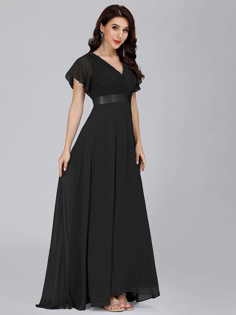 COLOR=Black | Long Empire Waist Evening Dress With Short Flutter Sleeves-Black 1 COLOR=Black | Long Empire Waist Evening Dress With Short Flutter Sleeves-Black 1
