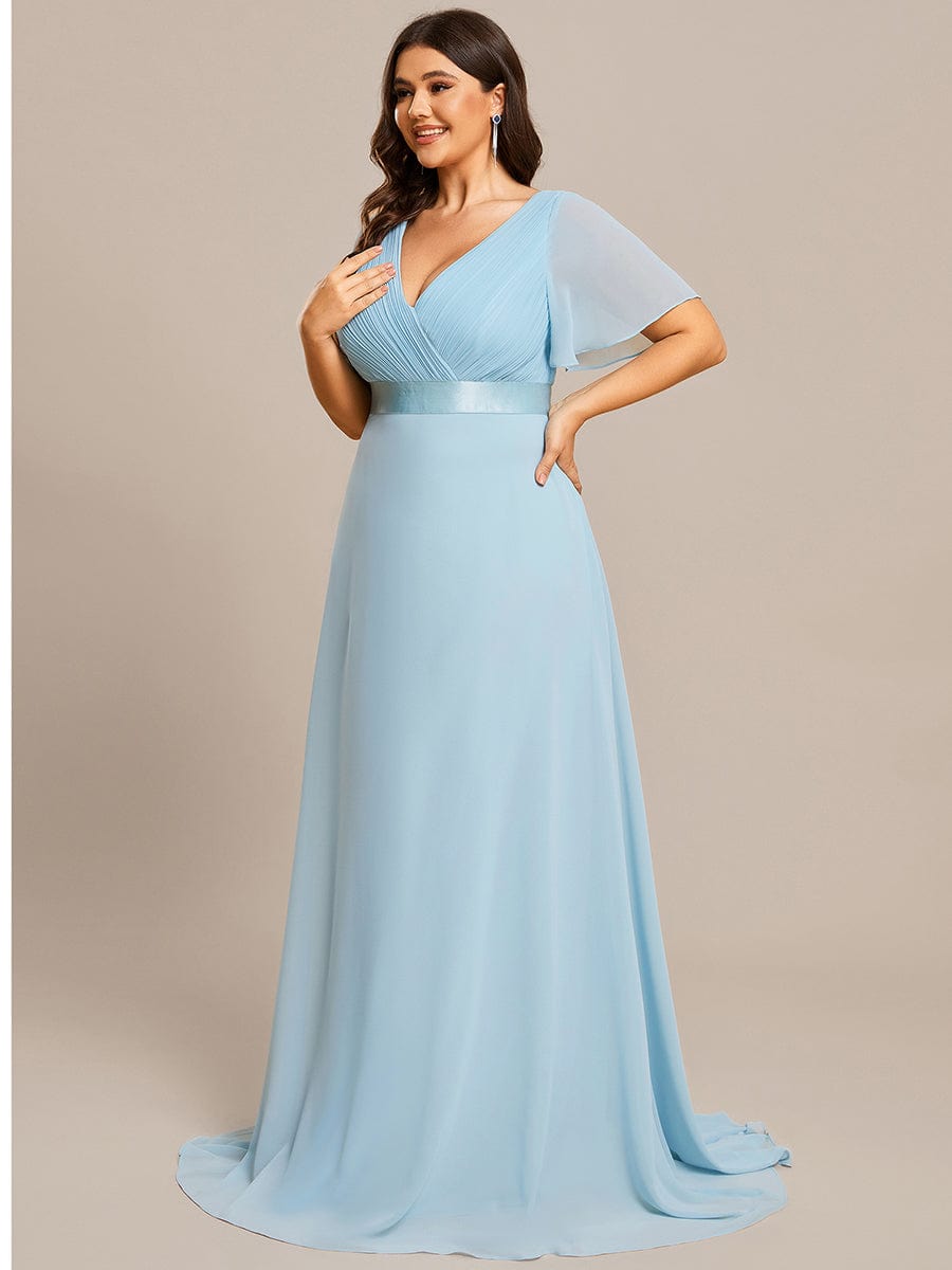 High Waist Short Sleeves Bridesmaid Dress #color_Sky Blue High Waist Short Sleeves Bridesmaid Dress #color_Sky Blue
