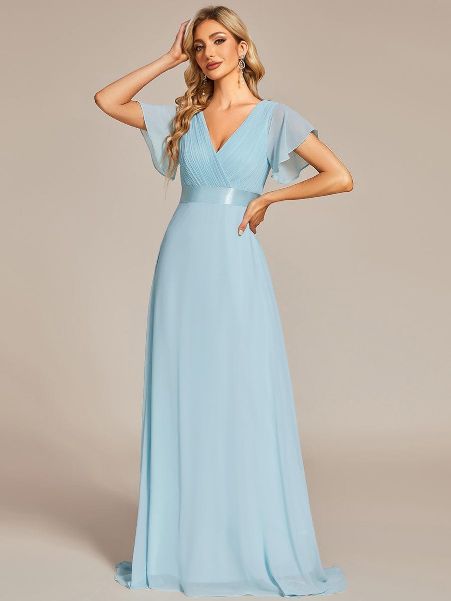 High Waist Short Sleeves Bridesmaid Dress #color_Sky Blue High Waist Short Sleeves Bridesmaid Dress #color_Sky Blue