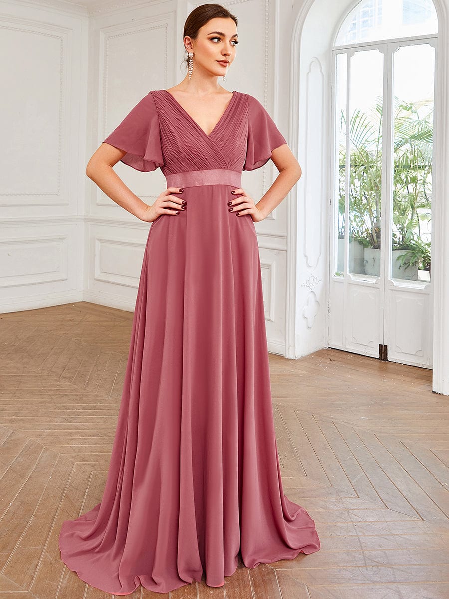 High Waist Short Sleeves Bridesmaid Dress #color_Cameo Brown High Waist Short Sleeves Bridesmaid Dress #color_Cameo Brown