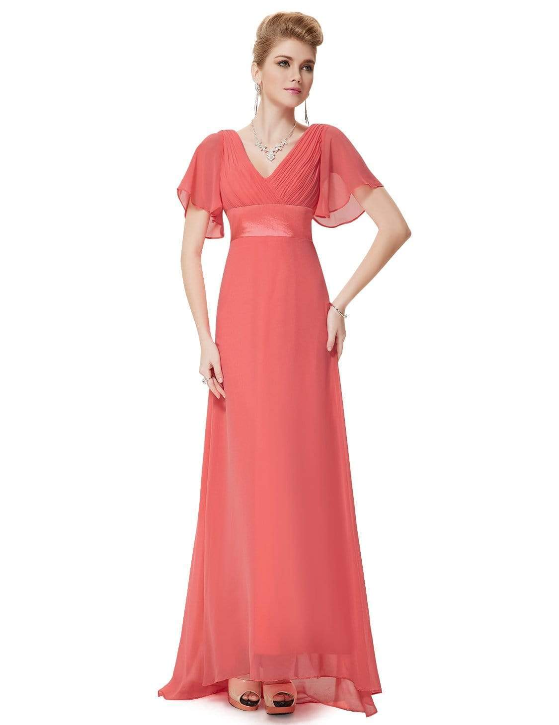 COLOR=Coral | Long Empire Waist Evening Dress With Short Flutter Sleeves-Coral 1 COLOR=Coral | Long Empire Waist Evening Dress With Short Flutter Sleeves-Coral 1