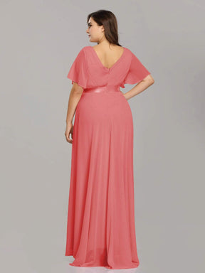 COLOR=Coral | Long Empire Waist Evening Dress With Short Flutter Sleeves-Coral 8