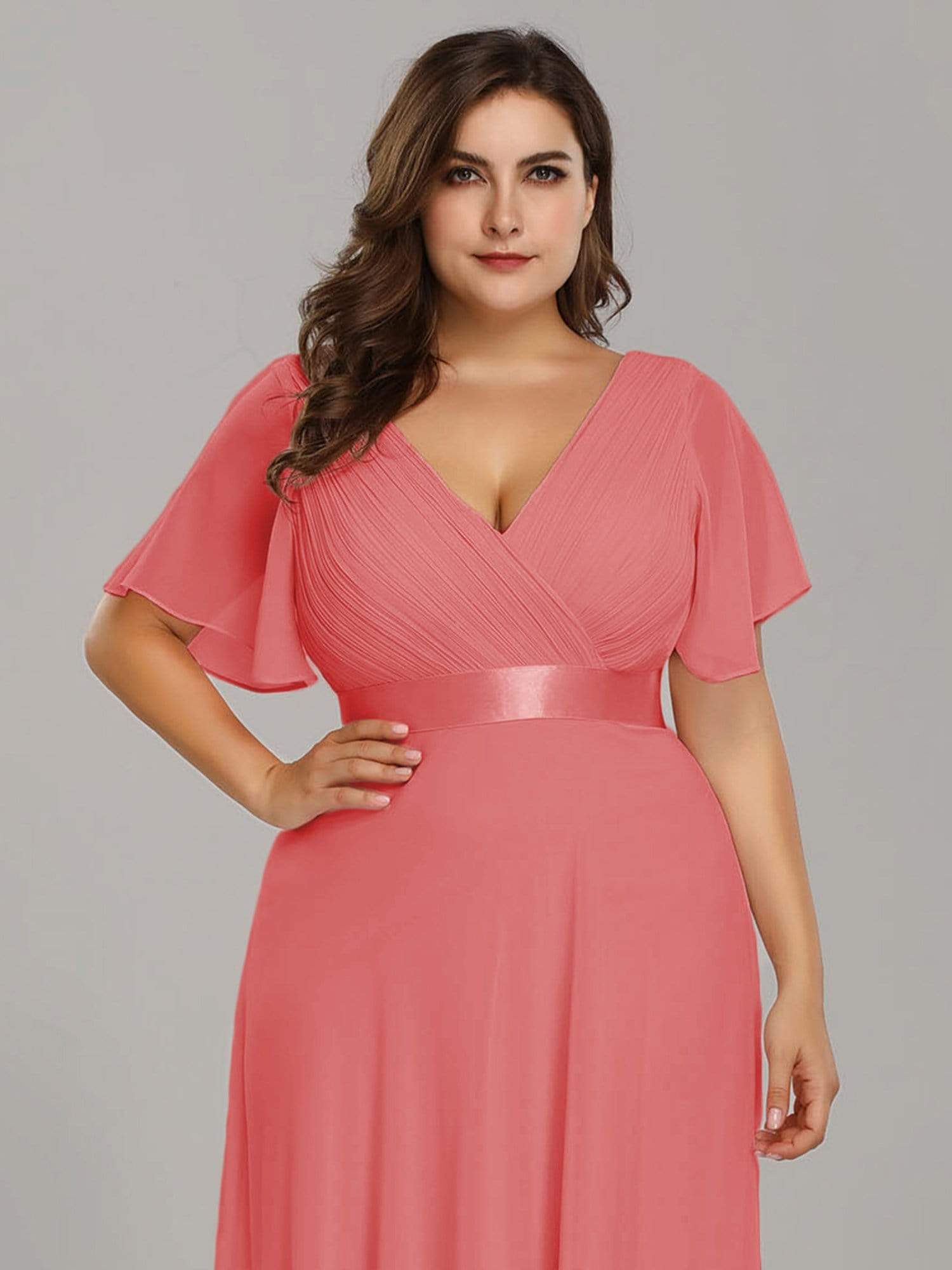 COLOR=Coral | Plus Size Long Empire Waist Evening Dress With Short Flutter Sleeves-Coral 4 COLOR=Coral | Plus Size Long Empire Waist Evening Dress With Short Flutter Sleeves-Coral 4