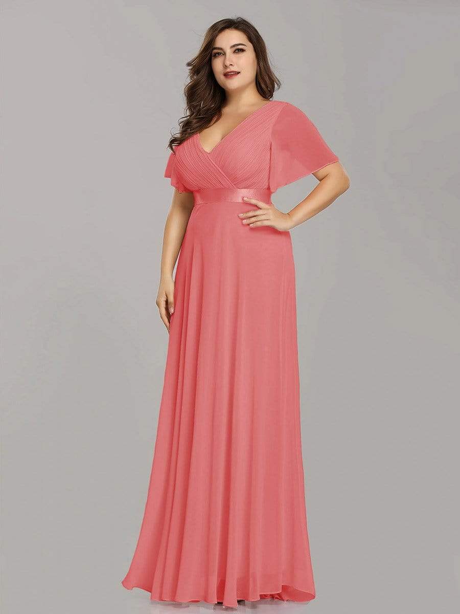 COLOR=Coral | Plus Size Long Empire Waist Evening Dress With Short Flutter Sleeves-Coral 4 COLOR=Coral | Plus Size Long Empire Waist Evening Dress With Short Flutter Sleeves-Coral 4