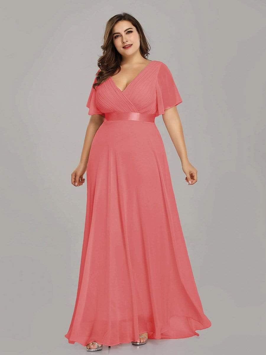 COLOR=Coral | Plus Size Long Empire Waist Evening Dress With Short Flutter Sleeves-Coral 3 COLOR=Coral | Plus Size Long Empire Waist Evening Dress With Short Flutter Sleeves-Coral 3
