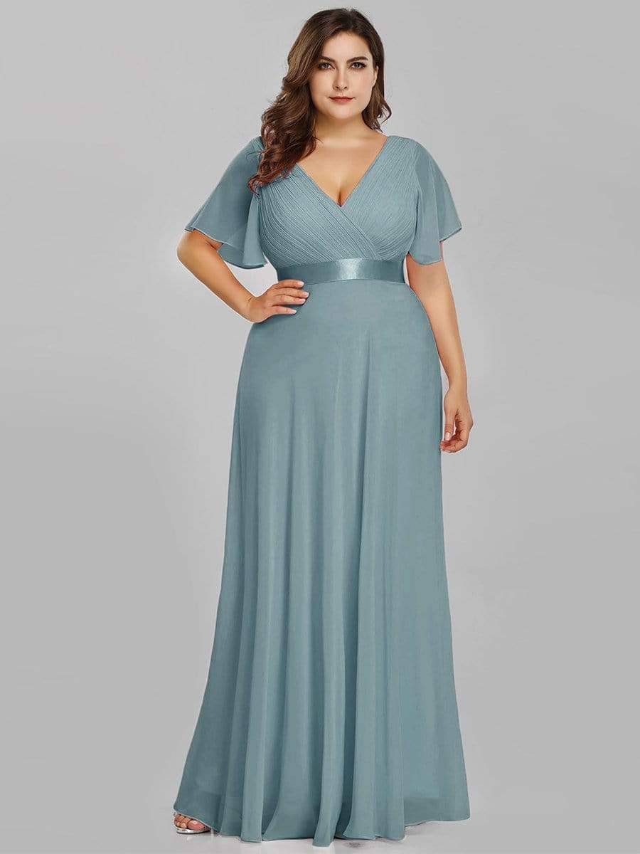 Color=Dusty Blue | Plus Size Long Empire Waist Evening Dress With Short Flutter Sleeves-Dusty Blue 1 Color=Dusty Blue | Plus Size Long Empire Waist Evening Dress With Short Flutter Sleeves-Dusty Blue 1
