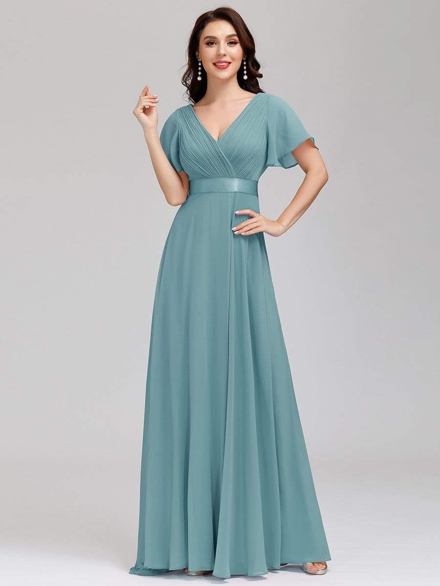 Color=Dusty Blue | Long Empire Waist Evening Dress With Short Flutter Sleeves-Dusty Blue 3 Color=Dusty Blue | Long Empire Waist Evening Dress With Short Flutter Sleeves-Dusty Blue 3