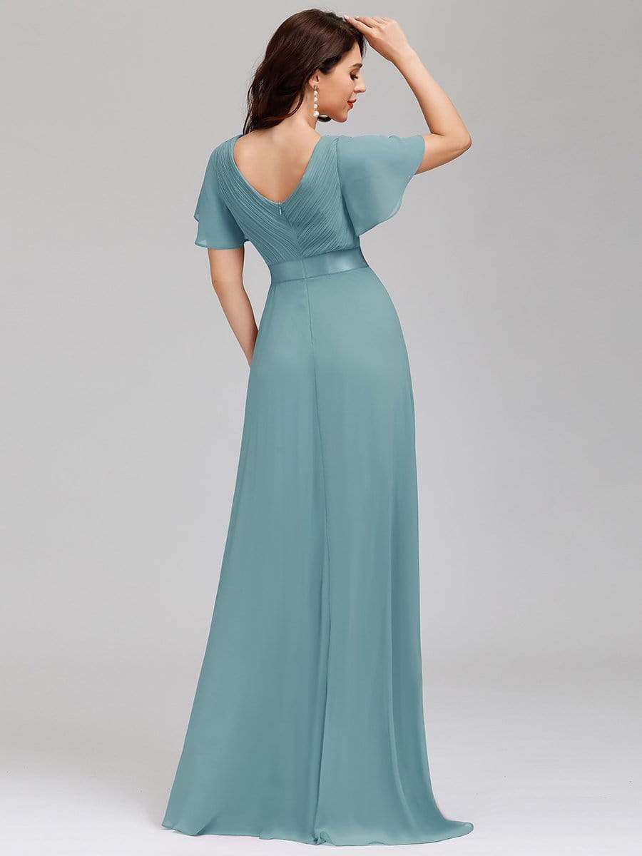 Color=Dusty Blue | Long Empire Waist Evening Dress With Short Flutter Sleeves-Dusty Blue 4 Color=Dusty Blue | Long Empire Waist Evening Dress With Short Flutter Sleeves-Dusty Blue 4