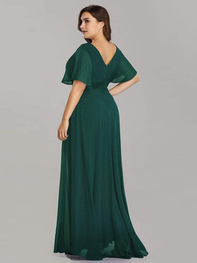 COLOR=Dark Green | Long Empire Waist Evening Dress With Short Flutter Sleeves-Dark Green 7