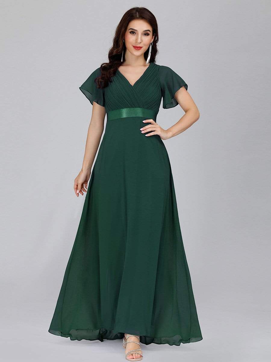 COLOR=Dark Green | Long Empire Waist Evening Dress With Short Flutter Sleeves-Dark Green 1 COLOR=Dark Green | Long Empire Waist Evening Dress With Short Flutter Sleeves-Dark Green 1