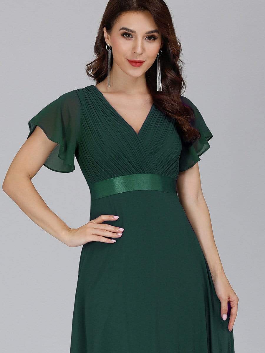 COLOR=Dark Green | Long Empire Waist Evening Dress With Short Flutter Sleeves-Dark Green 5 COLOR=Dark Green | Long Empire Waist Evening Dress With Short Flutter Sleeves-Dark Green 5