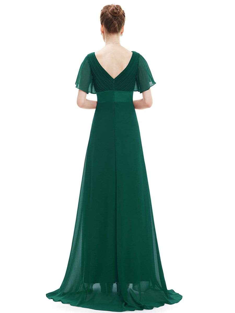 COLOR=Dark Green | Long Empire Waist Evening Dress With Short Flutter Sleeves-Dark Green 11 COLOR=Dark Green | Long Empire Waist Evening Dress With Short Flutter Sleeves-Dark Green 11