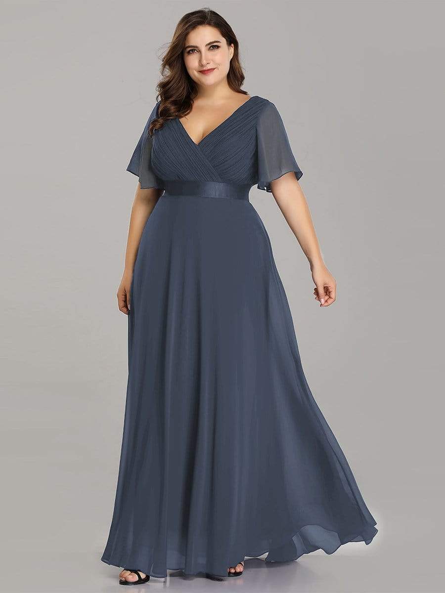 COLOR=Dusty Navy | Long Empire Waist Evening Dress With Short Flutter Sleeves-Dusty Navy 11 COLOR=Dusty Navy | Long Empire Waist Evening Dress With Short Flutter Sleeves-Dusty Navy 11