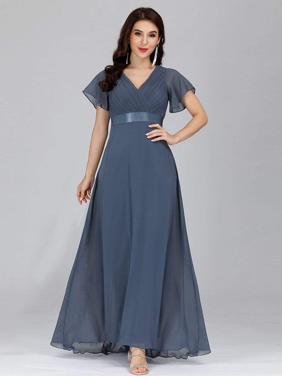 COLOR=Dusty Navy | Long Empire Waist Evening Dress With Short Flutter Sleeves-Dusty Navy 8 COLOR=Dusty Navy | Long Empire Waist Evening Dress With Short Flutter Sleeves-Dusty Navy 8
