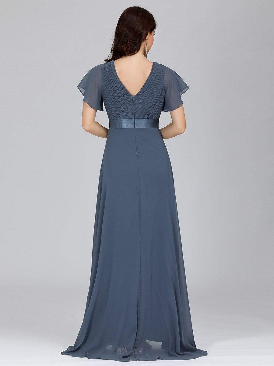 COLOR=Dusty Navy | Long Empire Waist Evening Dress With Short Flutter Sleeves-Dusty Navy 9 COLOR=Dusty Navy | Long Empire Waist Evening Dress With Short Flutter Sleeves-Dusty Navy 9