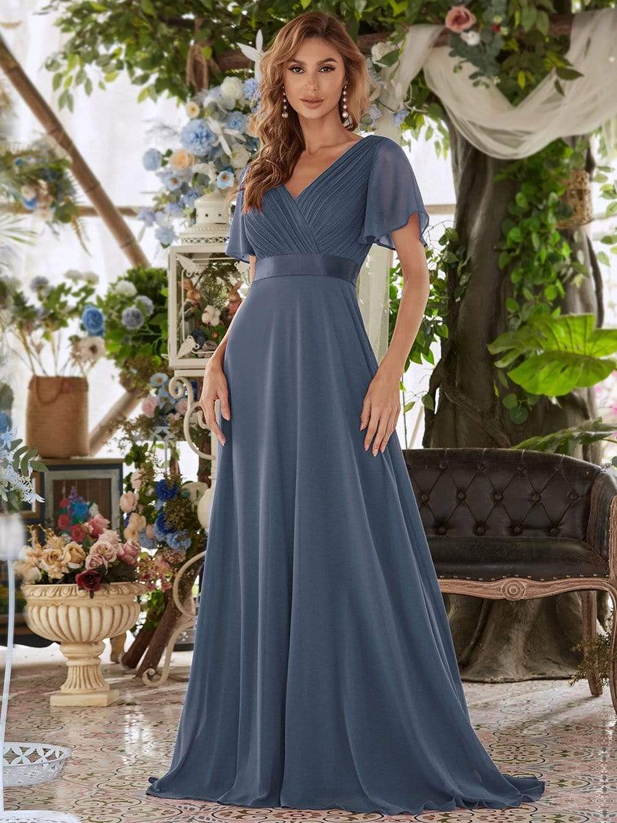 COLOR=Dusty Navy | Long Empire Waist Evening Dress With Short Flutter Sleeves-Dusty Navy 3