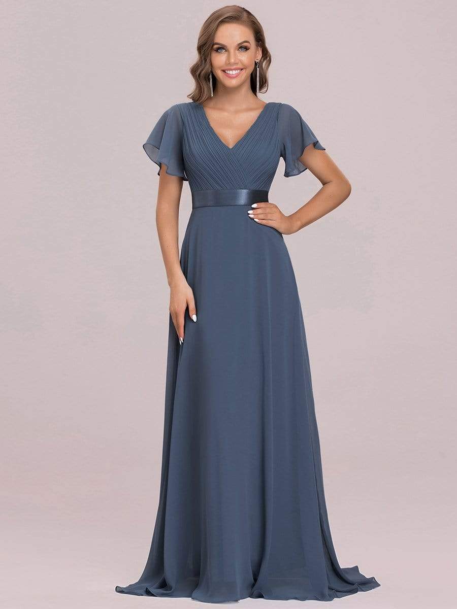 COLOR=Dusty Navy | Long Empire Waist Evening Dress With Short Flutter Sleeves-Dusty Navy 6 COLOR=Dusty Navy | Long Empire Waist Evening Dress With Short Flutter Sleeves-Dusty Navy 6
