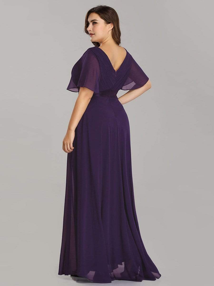 COLOR=Dark Purple | Long Empire Waist Evening Dress With Short Flutter Sleeves-Dark Purple 8 COLOR=Dark Purple | Long Empire Waist Evening Dress With Short Flutter Sleeves-Dark Purple 8