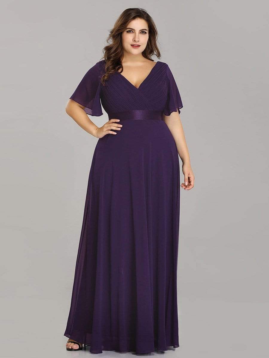 COLOR=Dark Purple | Plus Size Long Empire Waist Evening Dress With Short Flutter Sleeves-Dark Purple 3 COLOR=Dark Purple | Plus Size Long Empire Waist Evening Dress With Short Flutter Sleeves-Dark Purple 3