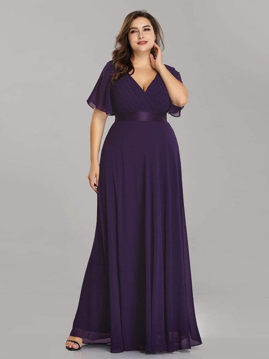 COLOR=Dark Purple | Plus Size Long Empire Waist Evening Dress With Short Flutter Sleeves-Dark Purple 4 COLOR=Dark Purple | Plus Size Long Empire Waist Evening Dress With Short Flutter Sleeves-Dark Purple 4